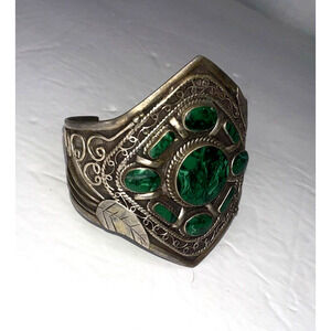 Malachite extra wide cuff bracelet 9 Green Stones Southwest cab for 8 inch wrist